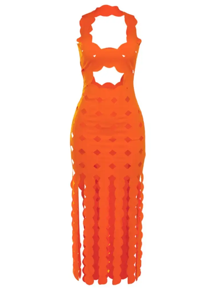 Nyx Circle Cutout Fringe Maxi Dress In Orange