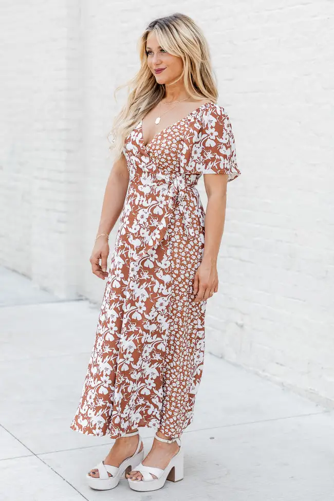 Know My Heart Brown Floral Contrast Flutter Sleeve Maxi Dress