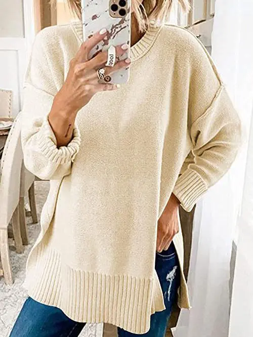 Women's Sweaters Loose Round Neck Long Sleeve Side Slit Sweater