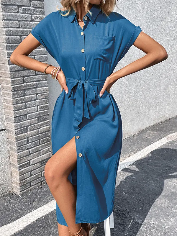 Ribbed Solid Color Loose Short Sleeves Lapel Midi Dresses