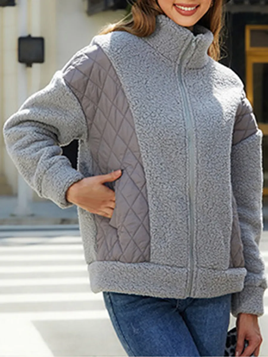 Long sleeved cardigan zippered plush patchwork diamond plaid jacket