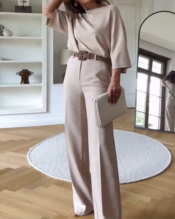 Round Neck Half-sleeved Top and Pants Two-piece Suit Without Belt