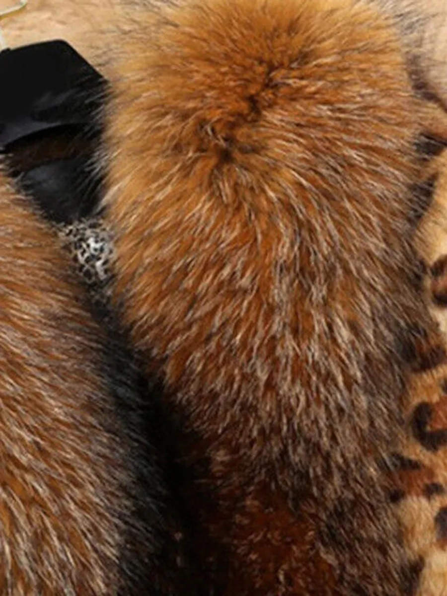 Faux fur trimmed winter leopard print fluffy coat