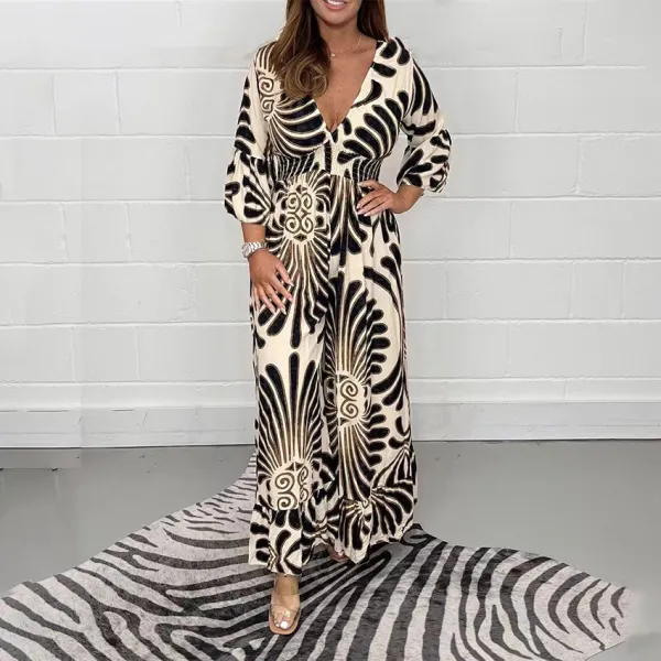 Casual Printed Stretch High Waist Wide-Leg Jumpsuit