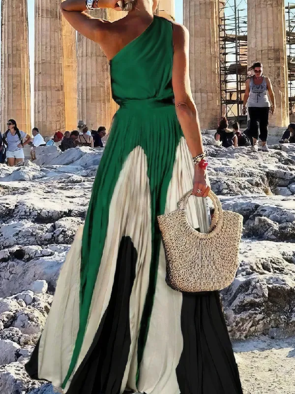 Sleeveless Asymmetric Pleated Printed One-Shoulder Maxi Dresses
