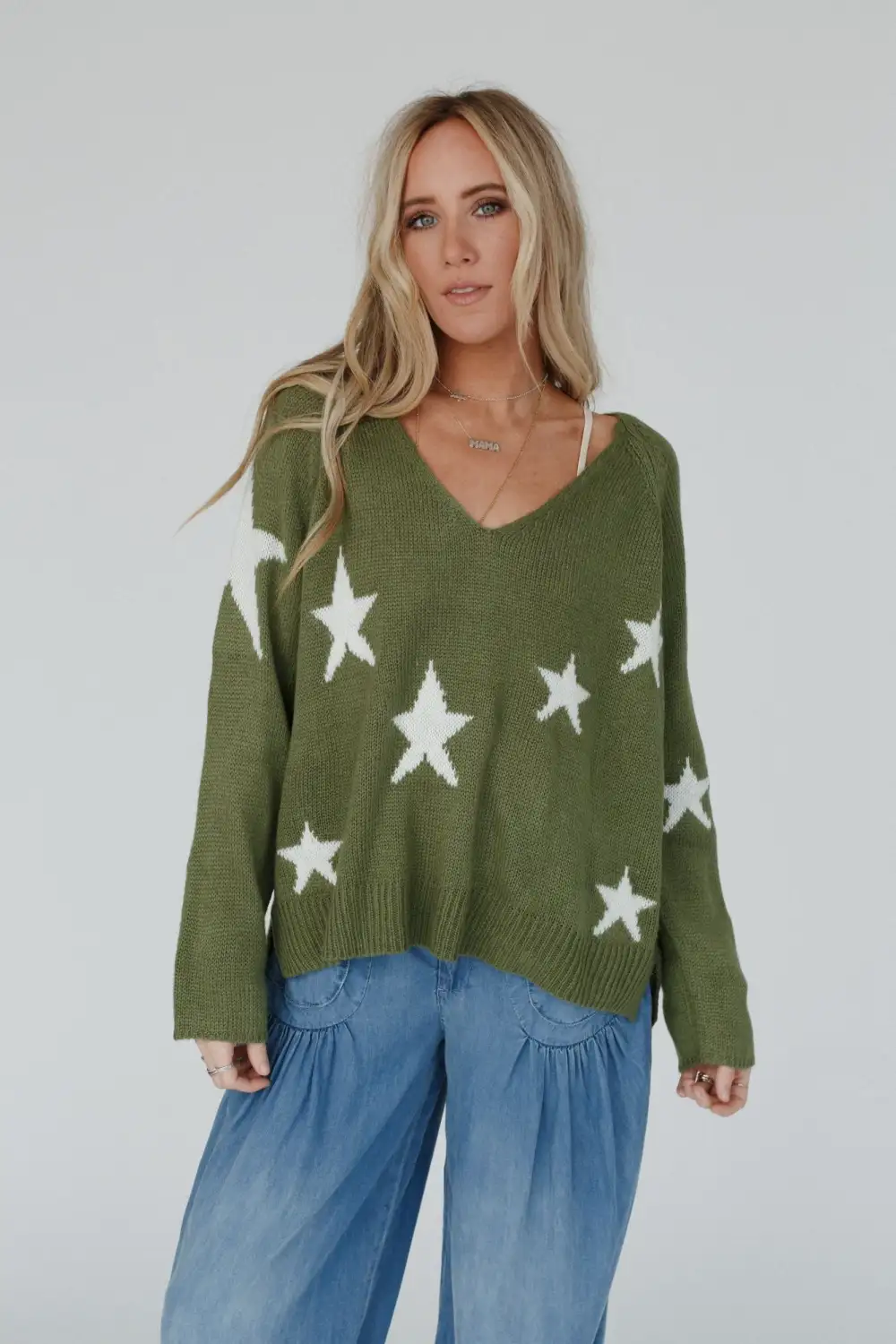 Shining Nights Starry V Neck Sweater - Green