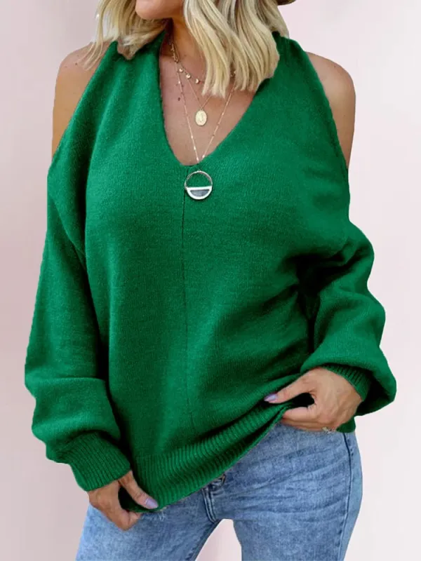 Women's Sweaters Solid V-Neck Off-Shoulder Knit Sweater