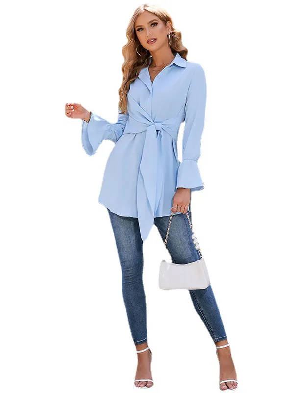 Simple Long Sleeves Buttoned Tied Solid Color Lapel Collar Blouses&Shirts Tops