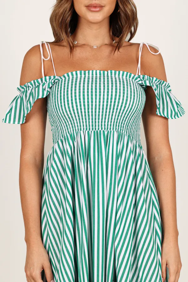 Yasminie Shirred Midi Dress - Green Stripe
