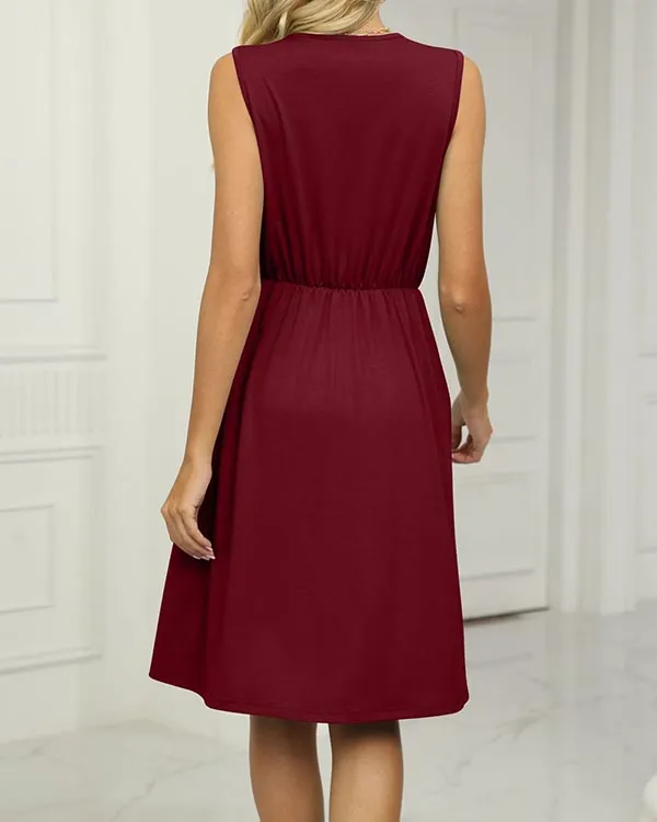 Solid Color V-neck Stitching Sleeveless Pocket Waist Dress