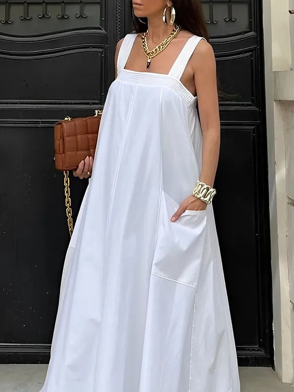 Loose Sleeveless Solid Color Square-Neck Maxi Dresses
