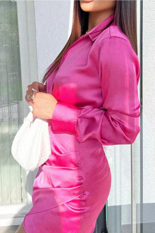 Pink Work Elegant Solid Fold Asymmetrical V Neck One Step Skirt Dresses