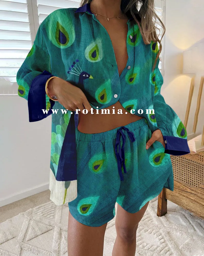 Smart peacock print casual two-piece set