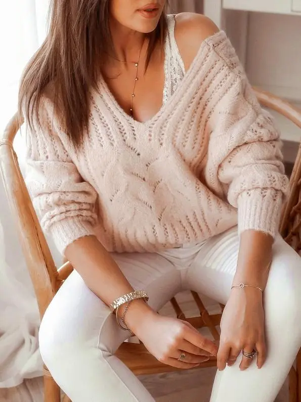 Women's Sweaters Casual V-Neck Off-The-Shoulder Knitted Sweater