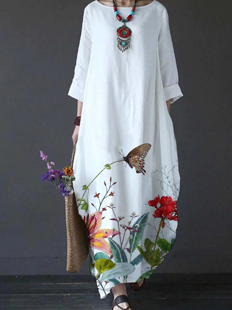 Women's Casual FLoral And Butterfly Print Loose Maxi Dress