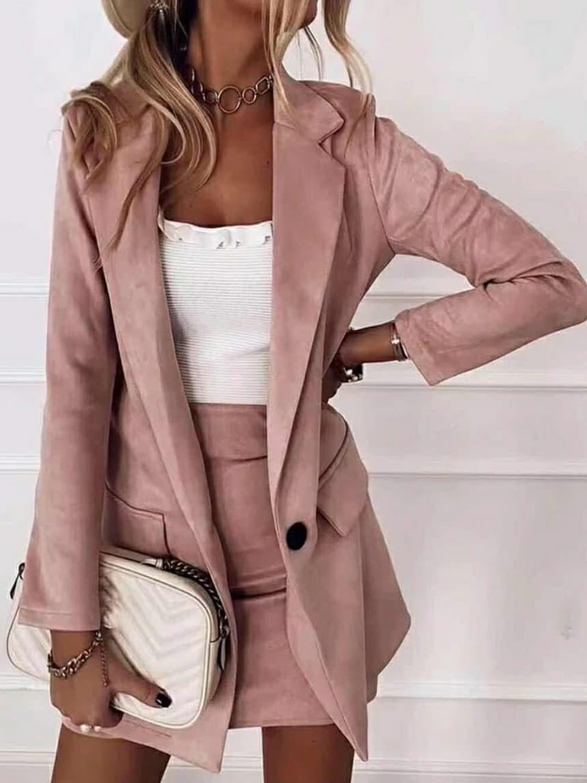 Solid Color Blazer And Skirt Suit